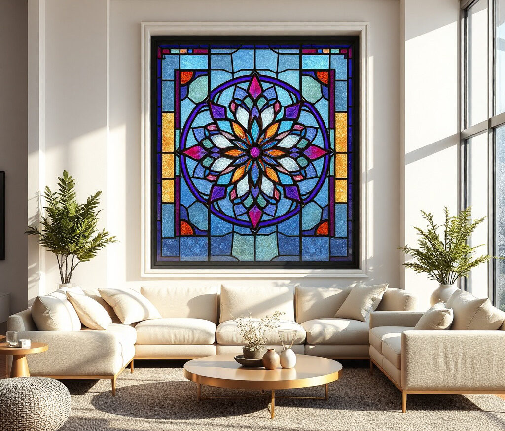 סלון מודרני עם ספות בצבע שמנת, שולחנות עץ, עציצים וחלון ויטראז' גדול וצבעוני עם דוגמת פרחים גיאומטרית כמרכז העיצוב. אור השמש חודר מבעד לחלונות הגדולים.