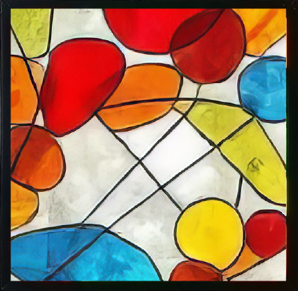 יצירת אמנות מופשטת מזכוכית צבעונית, הכוללת צורות עזות בצבעים אדום, כתום, צהוב, כחול וירוק, המוקפות בקווים שחורים המצטלבים בזוויות שונות, על רקע לבן.