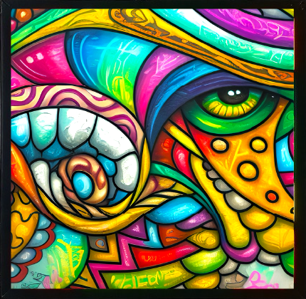 אמנות גרפיטי מופשטת וצבעונית הכוללת צורות מסתחררות, עין ירוקה גדולה וחיוך רחב וחושף שיניים. גוונים בהירים של צהוב, כחול, ורוד וכתום שולטים בעיצוב התוסס והמורכב.