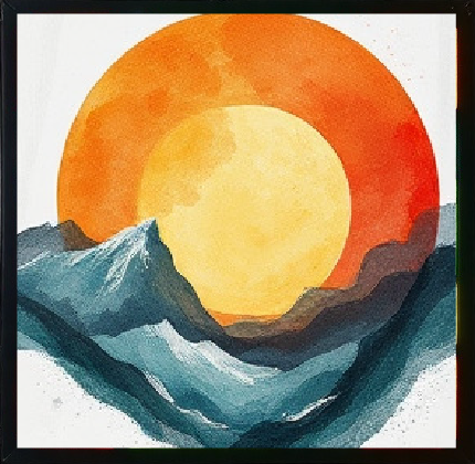 ציור צבעוני בצבעי מים של שמש גדולה בצבעי צהוב וכתום השוקעת או זורחת מאחורי פסגות הרים מופשטות בצבעי כחול ואפור. התמונה משדרת תחושה אמנותית נועזת עם ניגודים עזים.