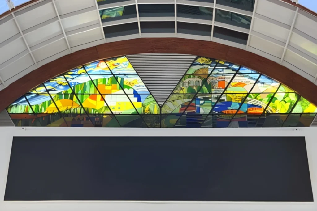 ויטראז' קשתי צבעים בהירים ירוקים ,שמיים עם צבעים צהובים עצים וצמחייה ונהר וכל זה ביצירת ויטראז'.