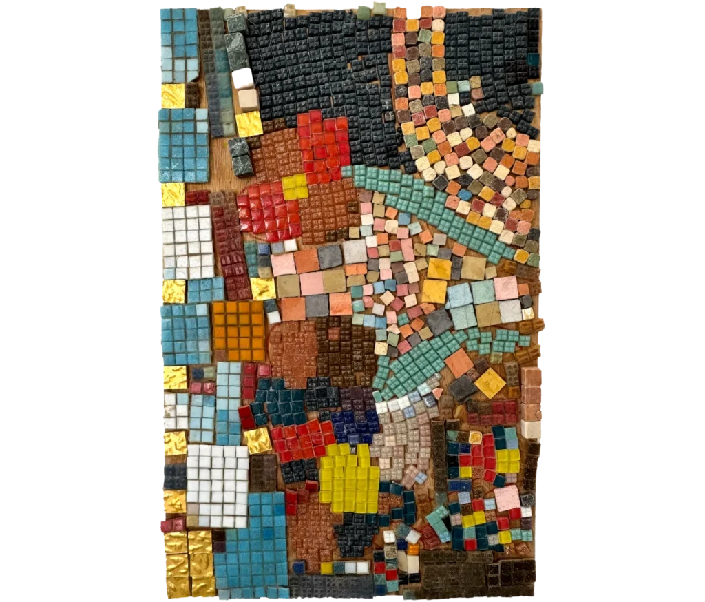 היצירה "מפגש צבעים" היא פסיפס תוסס של אריחים קטנים בצבעים כחול, לבן, זהב, אדום, צהוב, שחור וגווני אדמה, המסודרים באופן מופשט על רקע כהה.