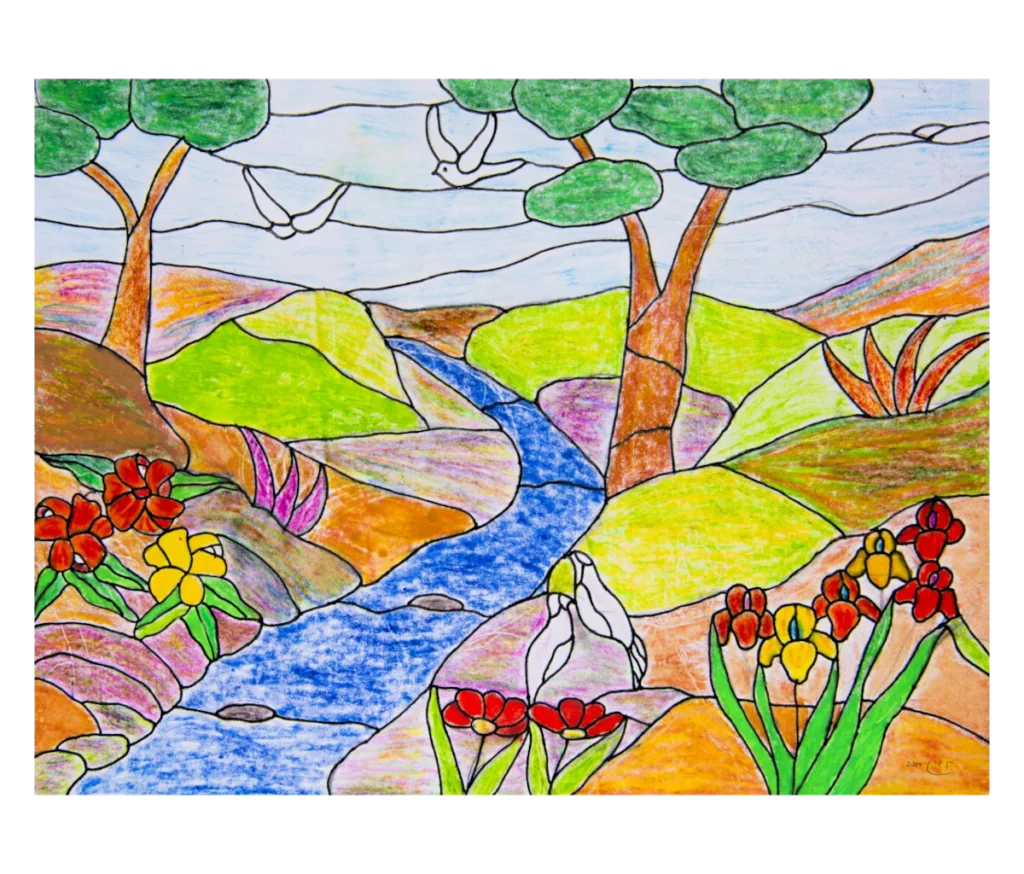 ציור צבעוני בצבעי גיר של נוף עם נהר כחול מתפתל, עצים ירוקים, פרחים צבעוניים, גבעות ושמיים מעוננים חלקית, כולם מתוחמים בקווים שחורים עבים.