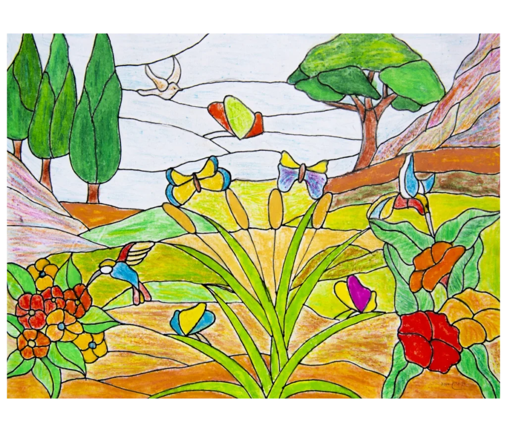 ציור צבעוני בסגנון ויטראז' של נוף בהיר עם עצים, פרחים, פרפרים, ציפורים וגבעות מתגלגלות תחת שמיים בהירים. צמחים ירוקים גבוהים ופרחים עזים ממלאים את החזית.