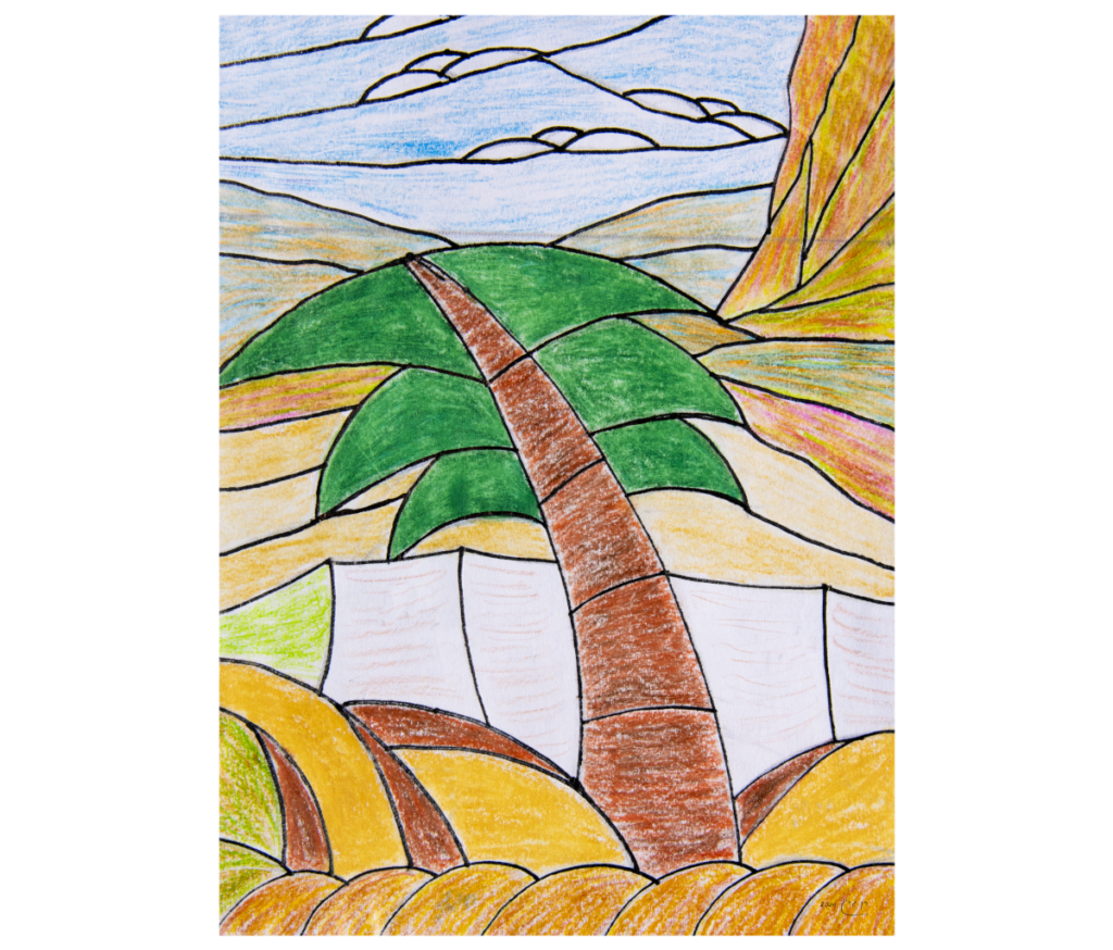 ציור צבעוני בעפרונות צבעוניים של עץ דקל עם עלים ירוקים וגזע חום, הממוקם בין גבעות, מפלים לבנים ושמיים כחולים — המבטא את מהות נוף המדבר בנוף מלא חיים.