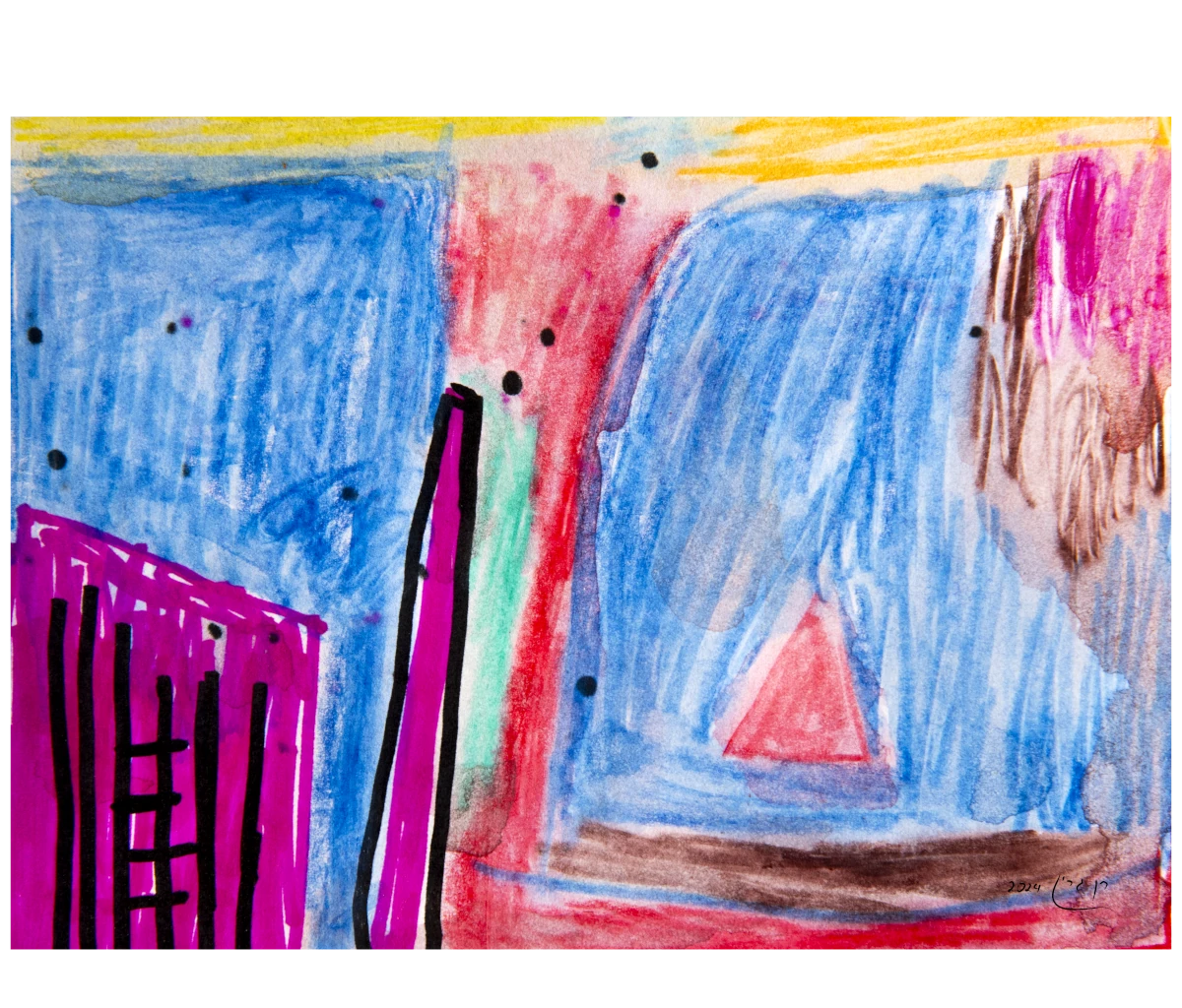 שיחה בין צבעים מציגה אמנות מופשטת תוססת עם רקע כחול וצהוב, צורות אנכיות ורודות וסגולות בצד שמאל, משולש ורוד בצד ימין ונקודות שחורות מפוזרות המשתלבות בכל התמונה.