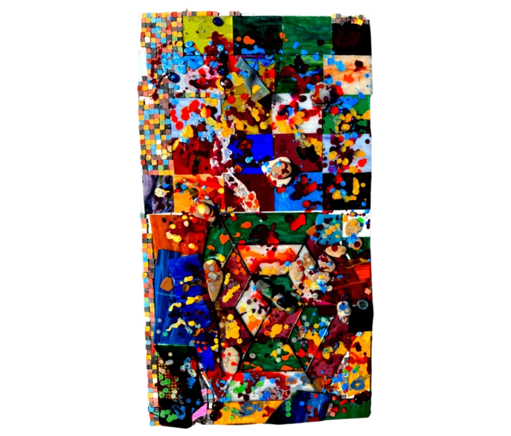 שברי שמחה" היא יצירת אמנות מופשטת ותוססת המציגה צורות גיאומטריות חופפות, ריבועים צבעוניים וכתמי צבע מלאי חיים בצבעים אדום, צהוב, כחול, ירוק וכתום, היוצרים אפקט חזותי דינמי ואנרגטי.