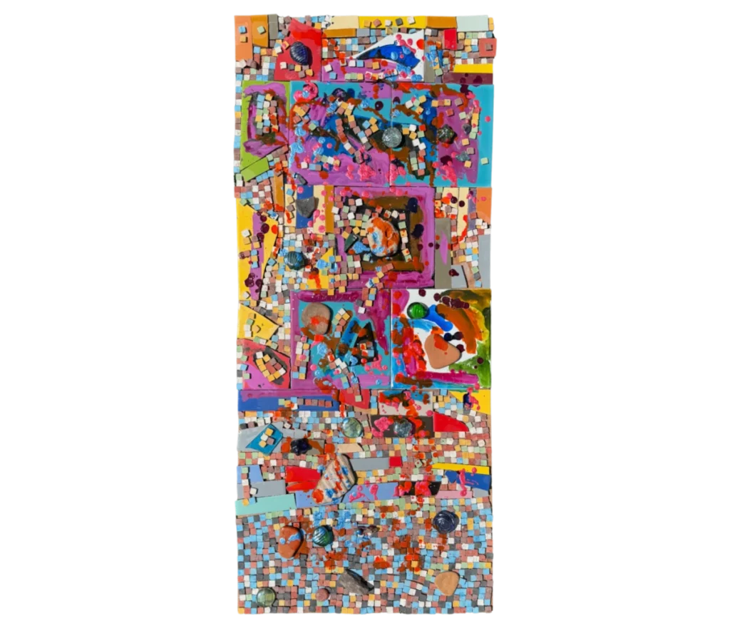 ריקוד של צבעים הוא יצירת אמנות אבסטרקטית צבעונית עם ריבועים, עיגולים וצורות לא סדירות בגווני אדום, כחול, ורוד, צהוב וכתום היוצרים דוגמת פסיפס עמוסה ושכבתית.