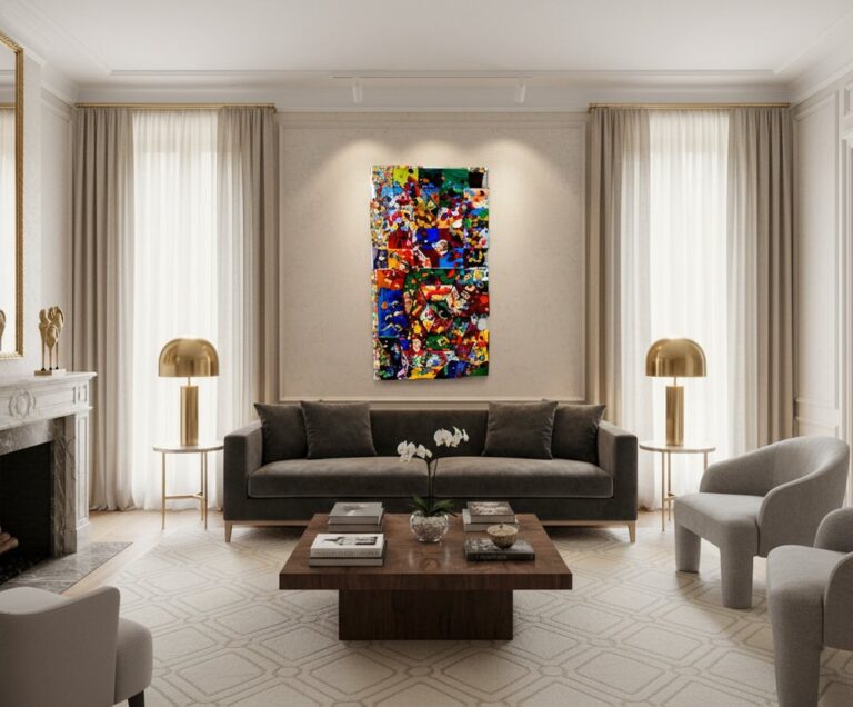 סלון מודרני עם ספה אפורה, שני כיסאות אפורים, שולחן קפה מעץ, מנורות מוזהבות ותמונה מופשטת צבעונית על הקיר שבין שני חלונות גבוהים עם וילונות לבנים.